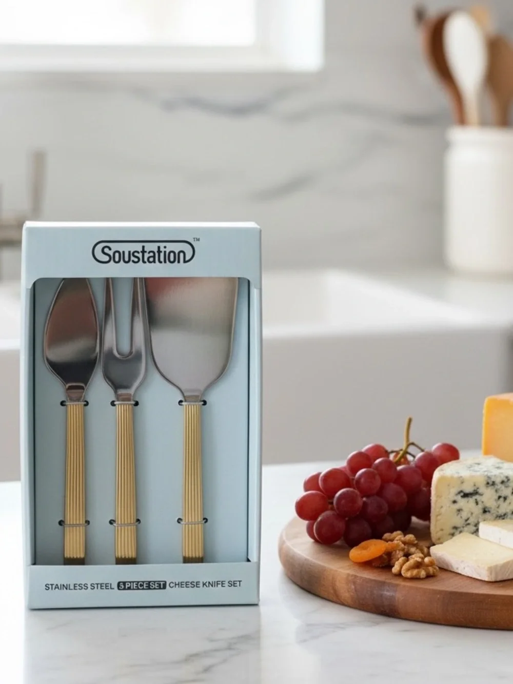 Soustation Gold-Handle 3-Piece Cheese Knife Set New in Box